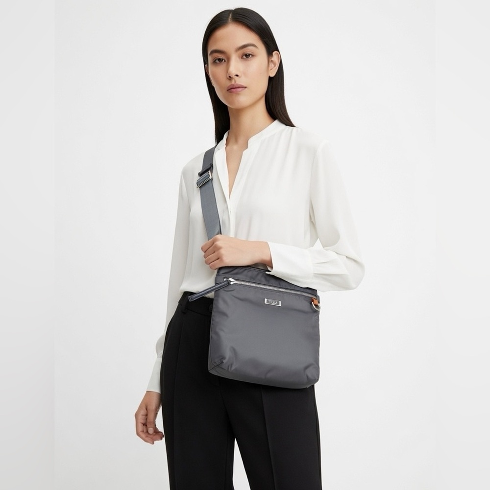 TUMI Voyageur Capri Crossbody Bag Gray Nylon Leather Trim